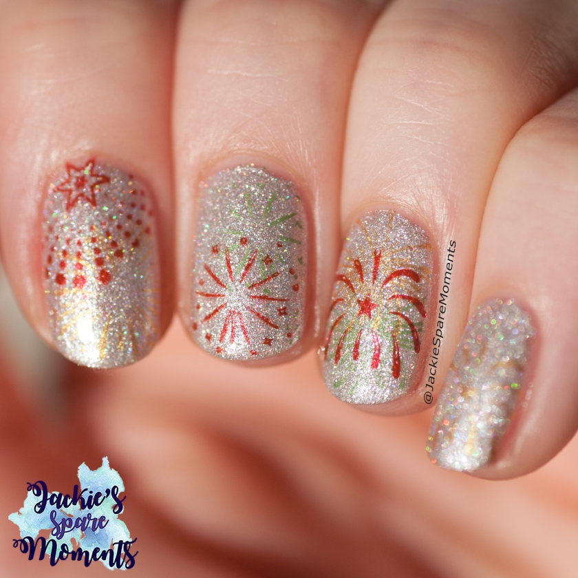 New Year's fireworks nail art, direct sunlight showing the holo