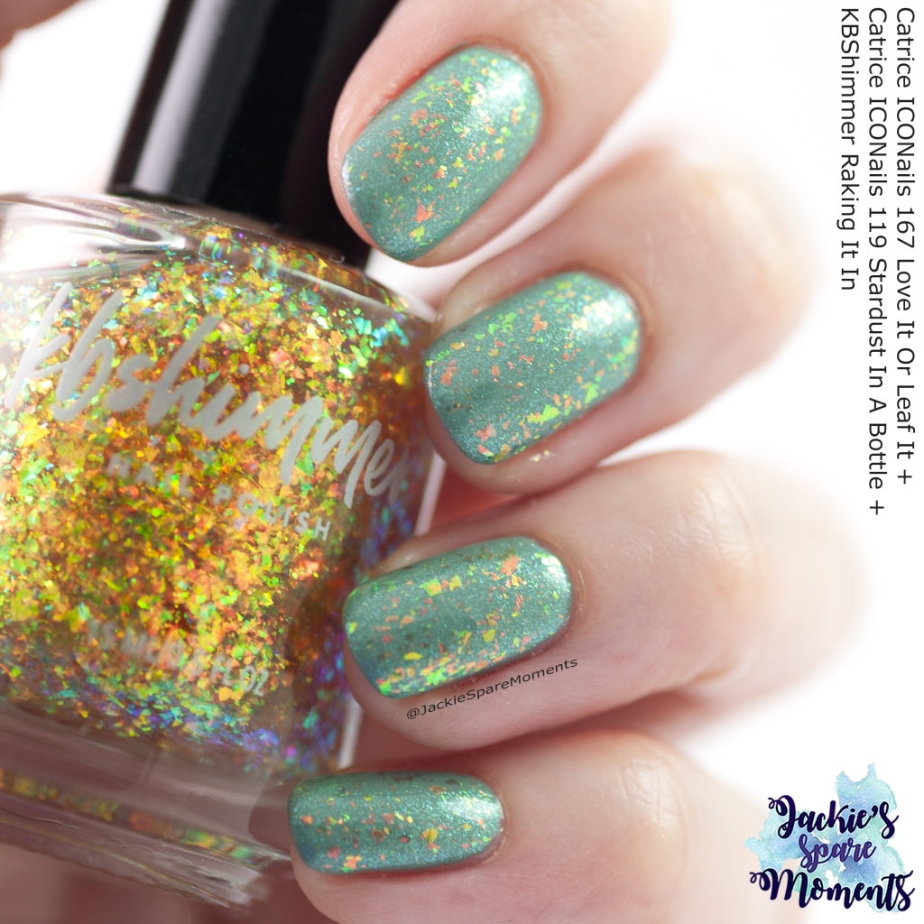 Catrice ICONails 167 Love It Or Leaf It with Catrice ICONails 119 Stardust In A Bottle and KBShimmer Raking It In