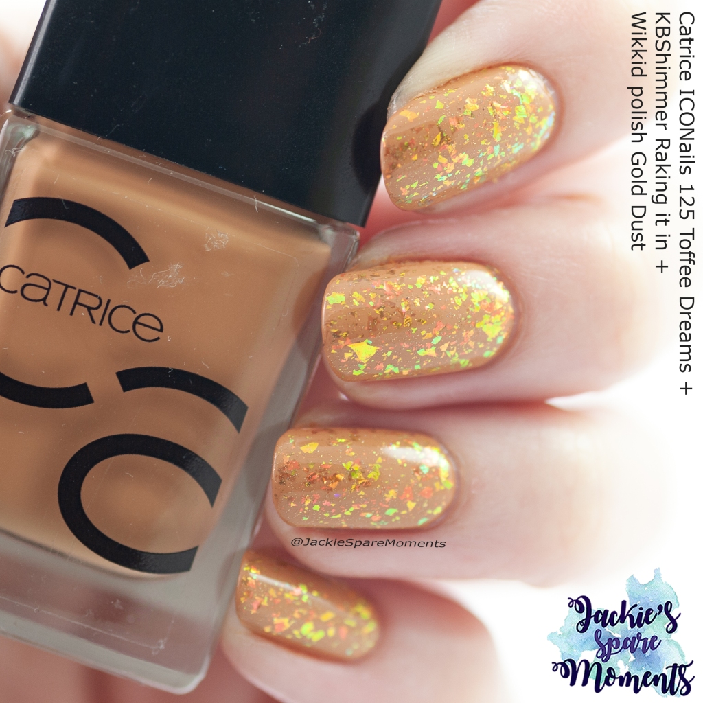 Catrice ICONails 125 Toffee Dreams topped with KBShimmer Raking it in and Wikkid polish Gold Dust