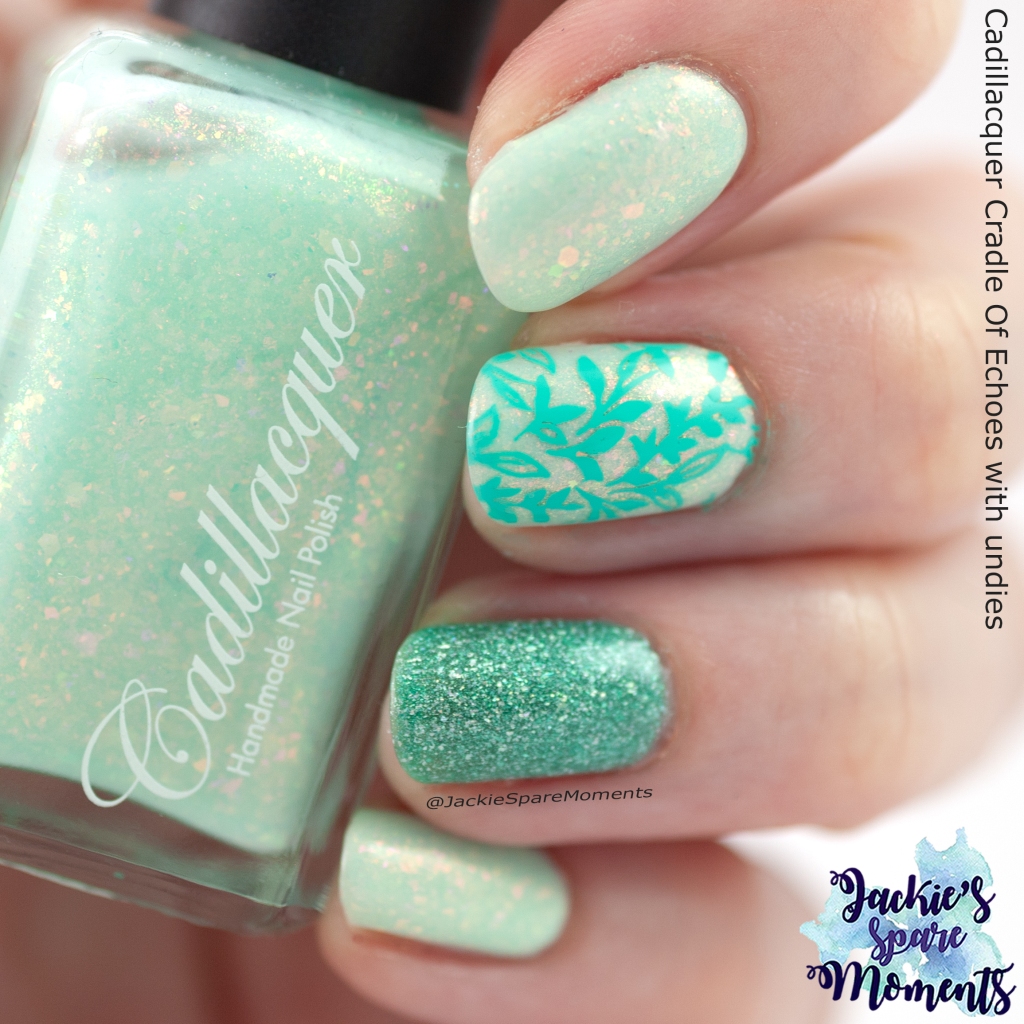 Cadillacquer Cradle Of Echoes with undies and accent of Masura Mint Breeze and stamping.